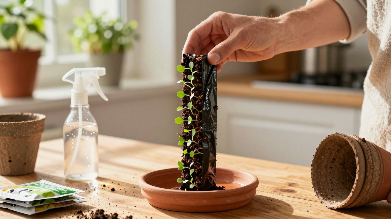 Mão a segurar saquinho com plantas pequenas a crescer, sobre prato de barro numa mesa com terra e regador.