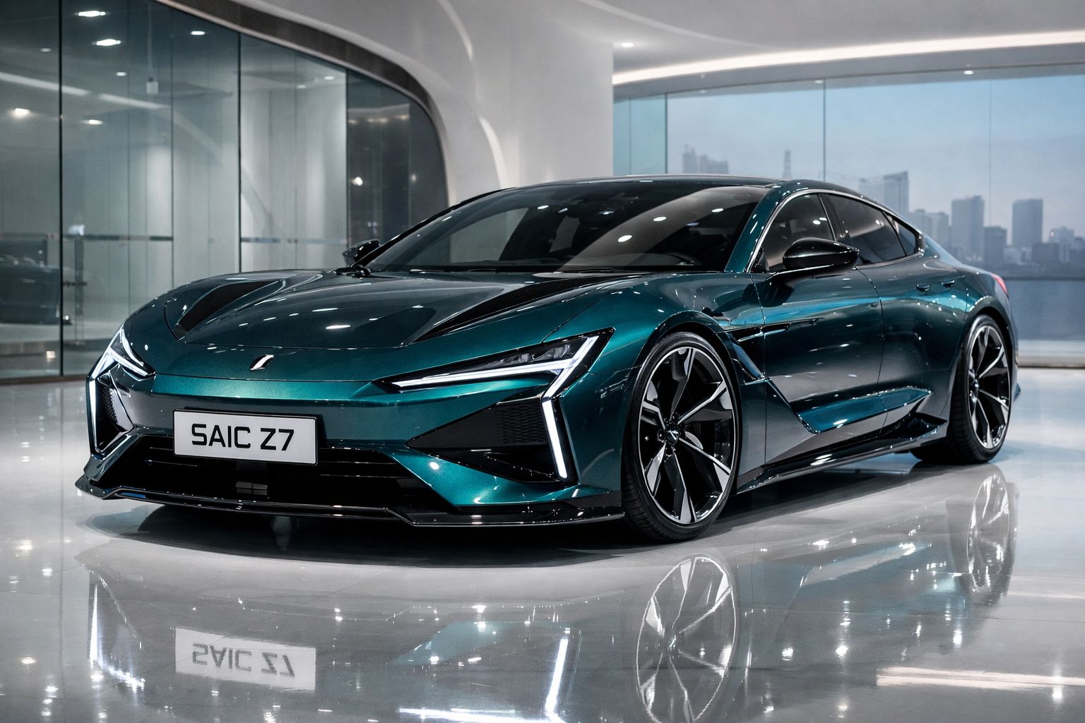 Carro desportivo elétrico verde metálico SAIC Z7 estacionado em espaço interior moderno com janelas amplas.