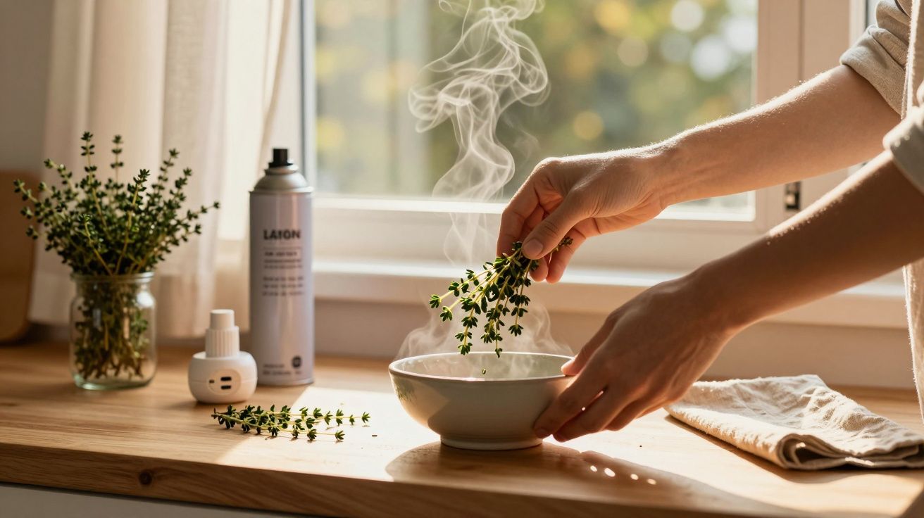 Mãos a colocar raminho de ervas numa tigela com vapor, sobre bancada junto a janela iluminada pelo sol.