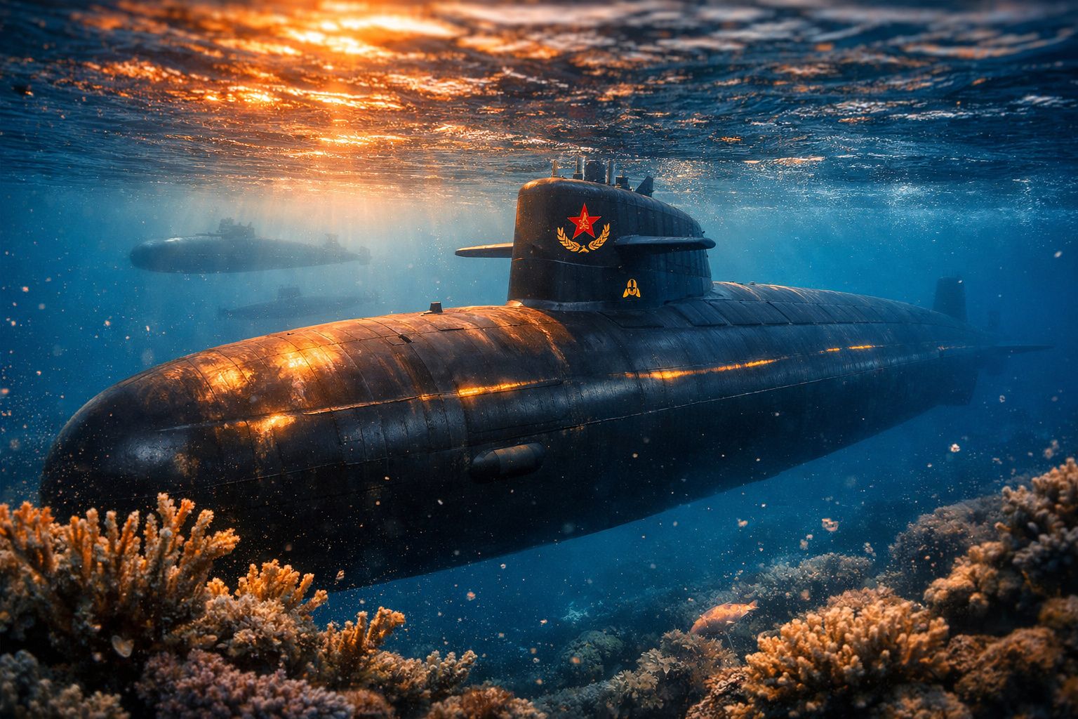 Submarino militar preto a navegar sob a água com reflexos dourados e recife de coral em primeiro plano.