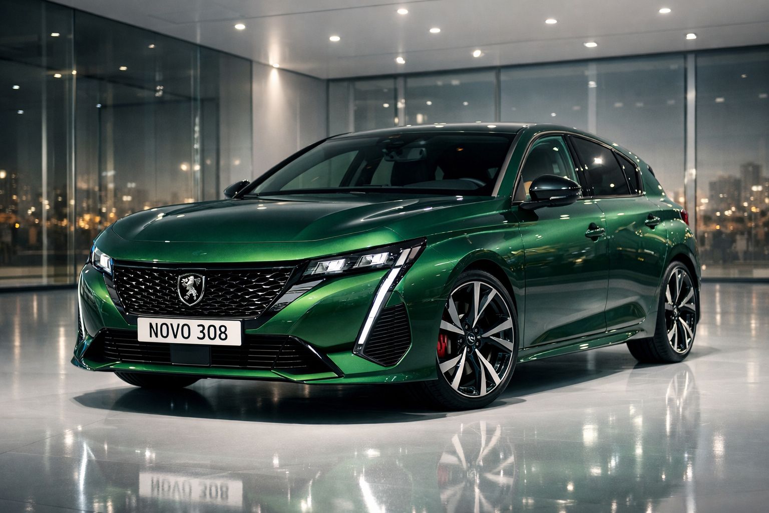 Peugeot 308 verde metálico estacionado num espaço interior moderno com piso refletor.