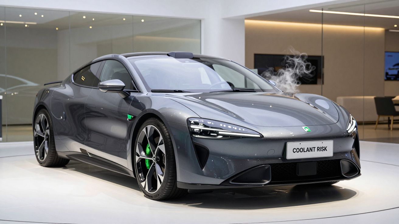 Carro desportivo cinzento escuro em exposição com fumo saindo do capô, placa a indicar risco de líquido refrigerante.