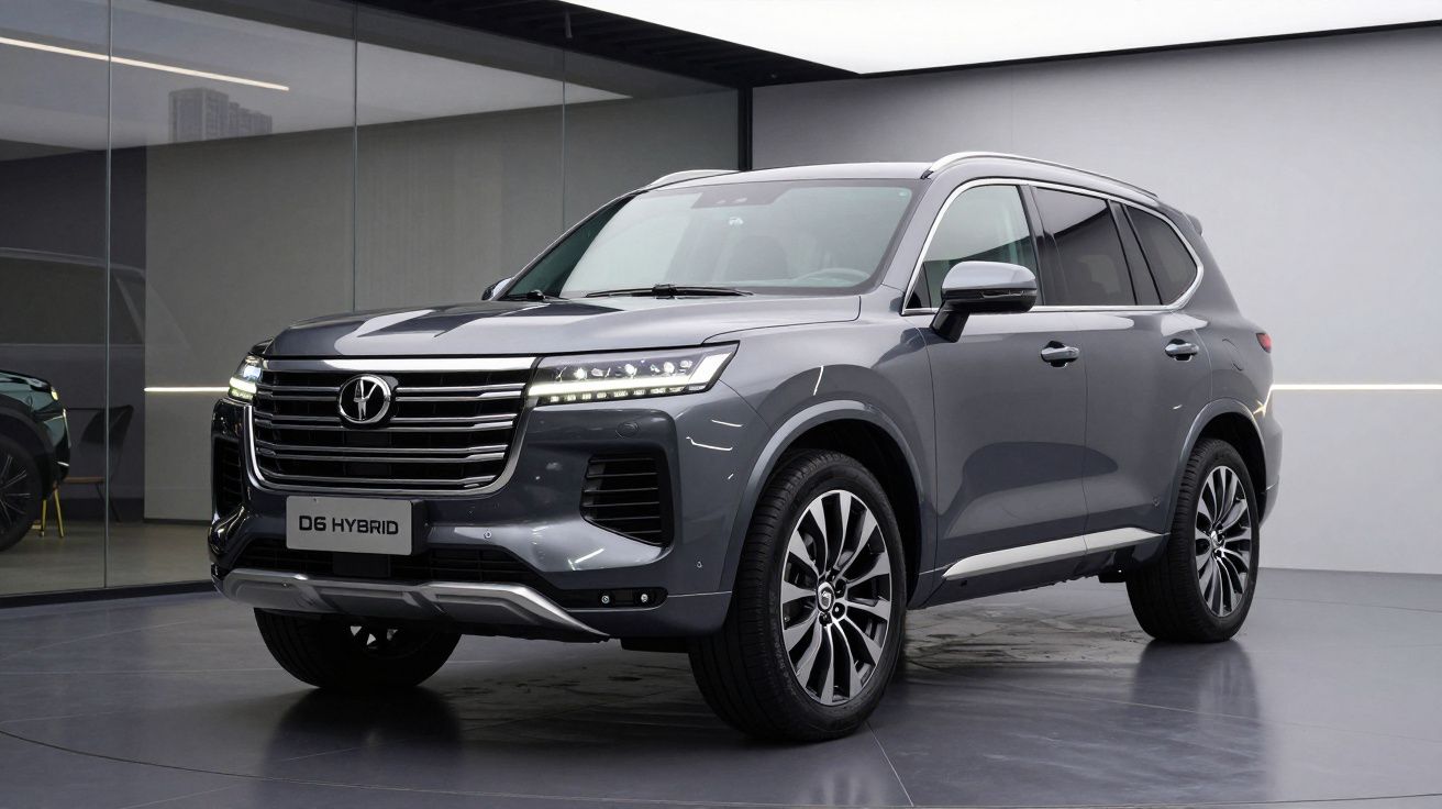 Carro SUV híbrido cinzento estacionado em interior com design moderno e linhas elegantes.