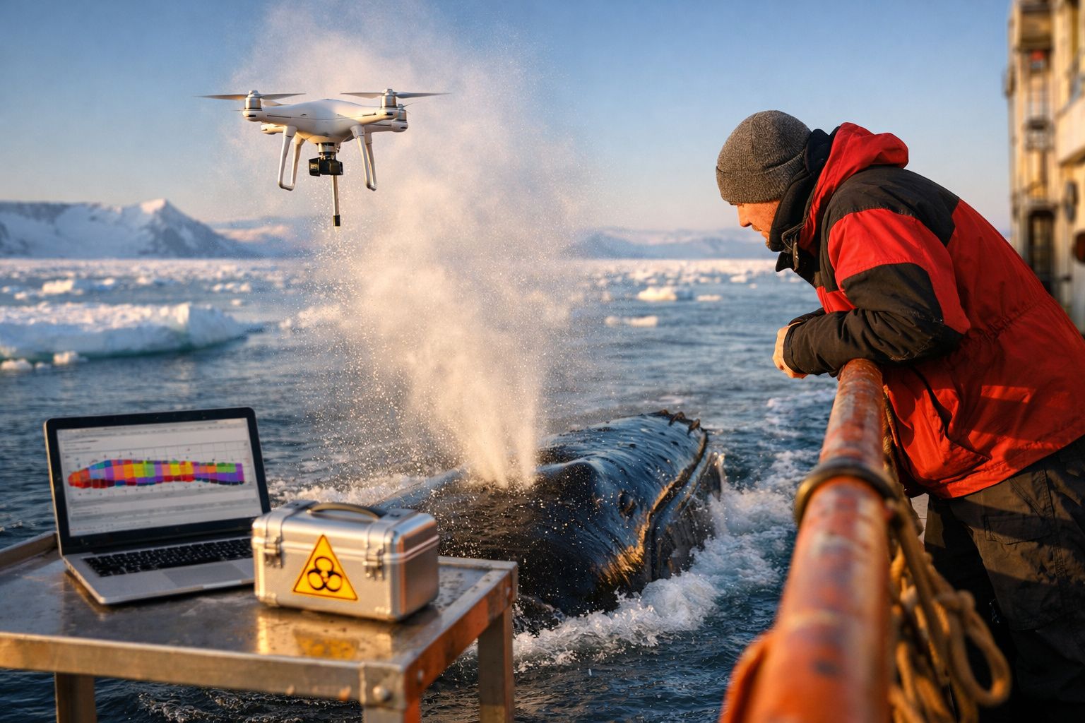 Homem observa baleia a pulverizar água enquanto drone voa e computador exibe dados numa embarcação.