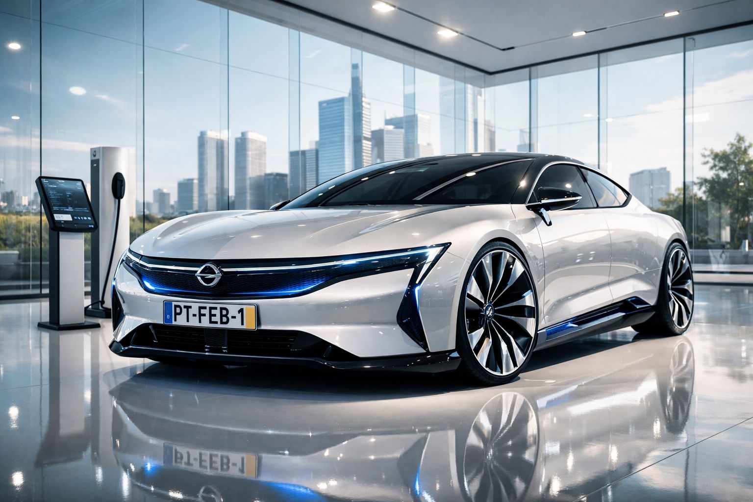 Carro elétrico branco com design futurista numa sala moderna com grandes janelas e carregador elétrico.