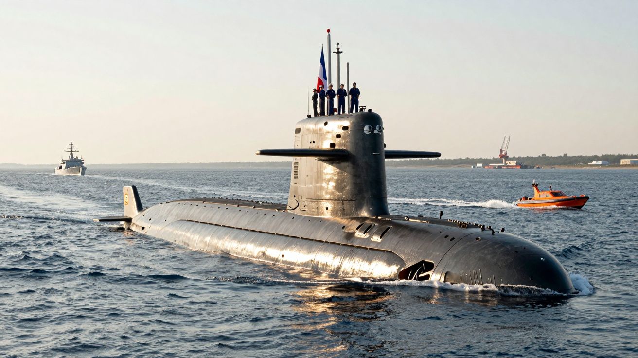 Submarino militar preto na superfície do mar com três tripulantes na torre e duas embarcações ao fundo.