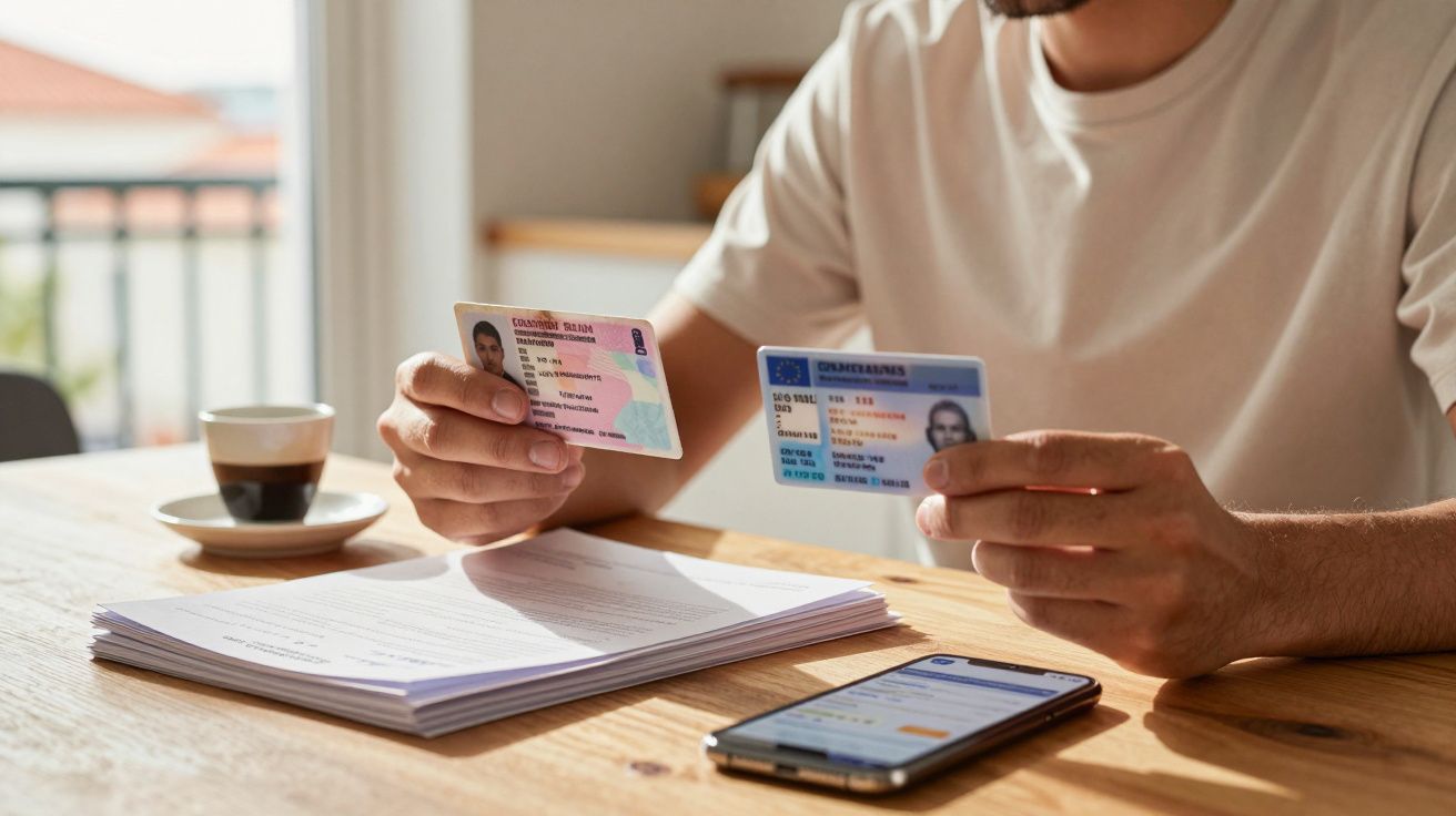 Pessoa sentada a segurar dois documentos de identificação junto a uma mesa com papéis, celular e café.