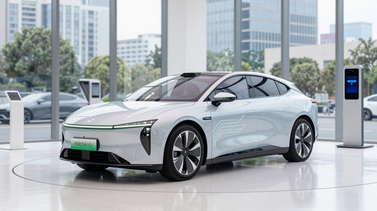 Carro elétrico branco com design futurista estacionado em showroom com janelas grandes e edifícios ao fundo.