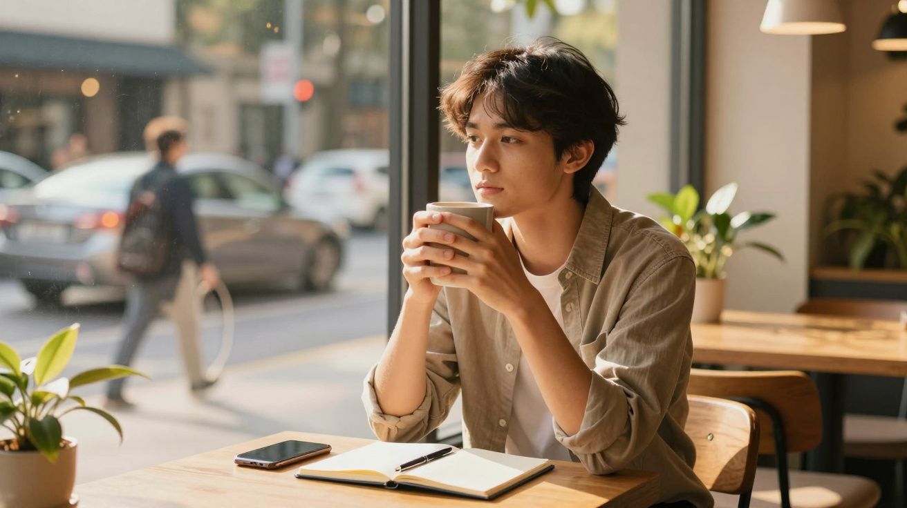 Jovem sentado numa cafetaria a olhar pela janela, segurando uma chávena, com caderno e telemóvel na mesa.