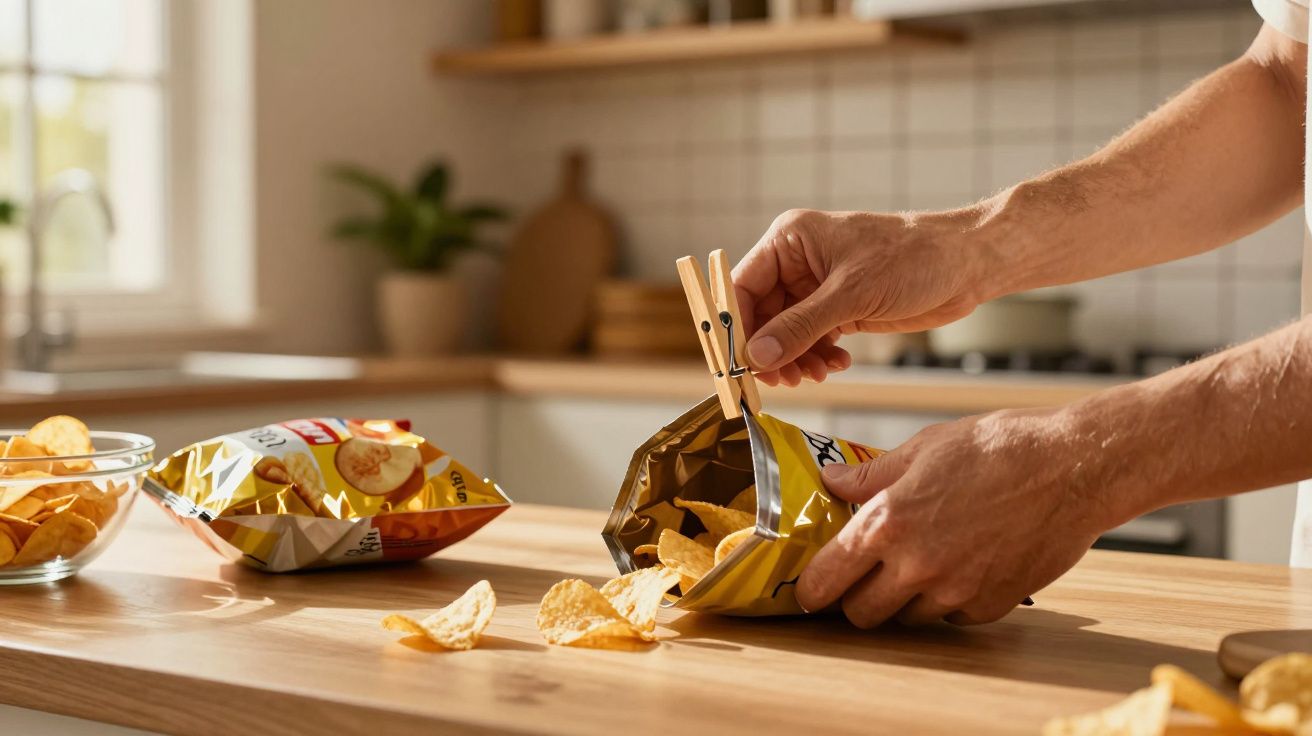 Mãos a fechar um pacote de batatas fritas com uma mola em cima de balcão de cozinha.