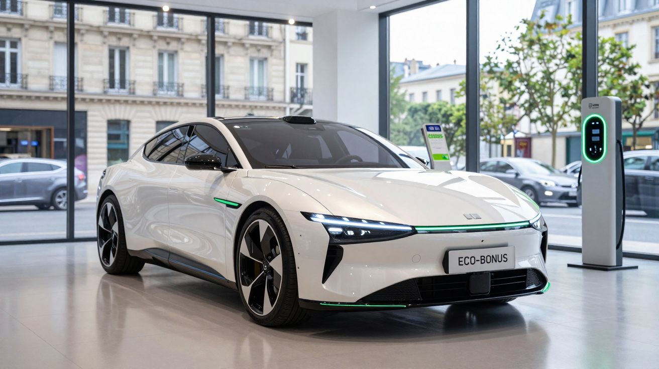 Carro elétrico moderno branco numa garagem com tomada de carregamento e vista urbana exterior.