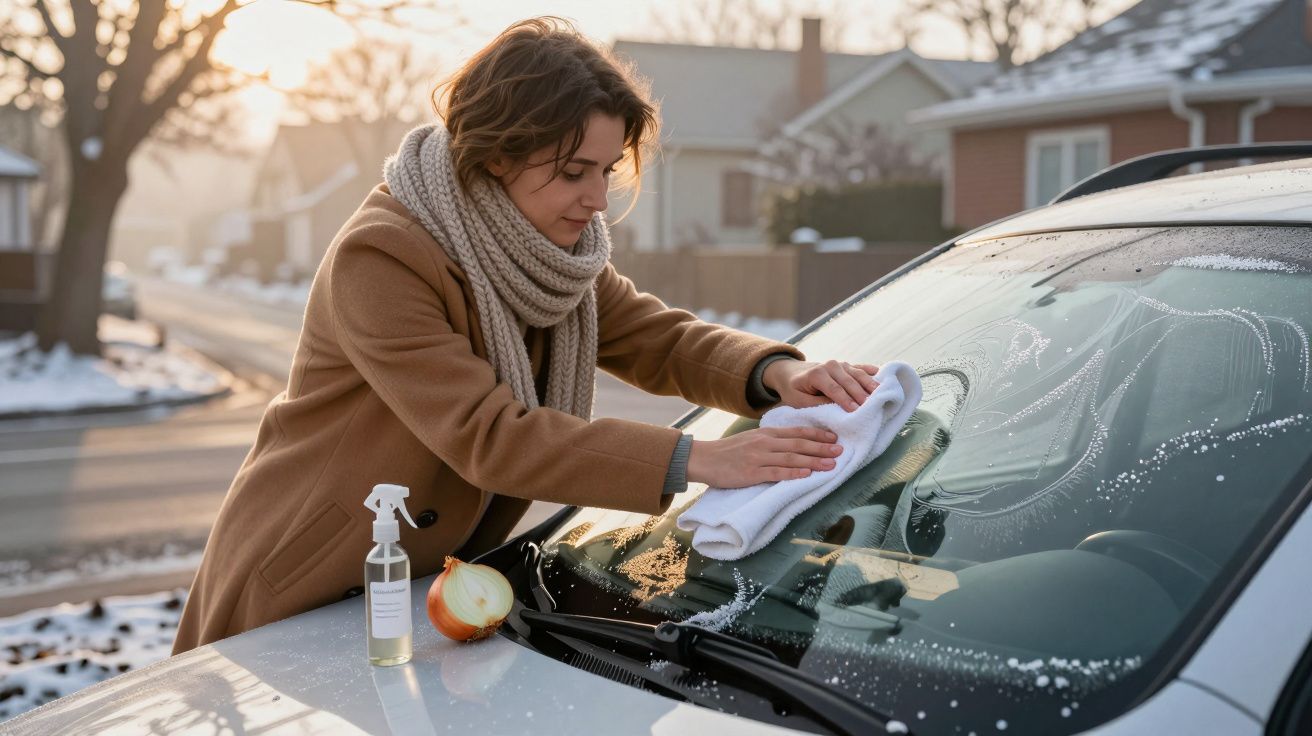 Mulher a limpar o para-brisas do carro com pano, garrafa de spray e uma cebola no capô em dia frio.