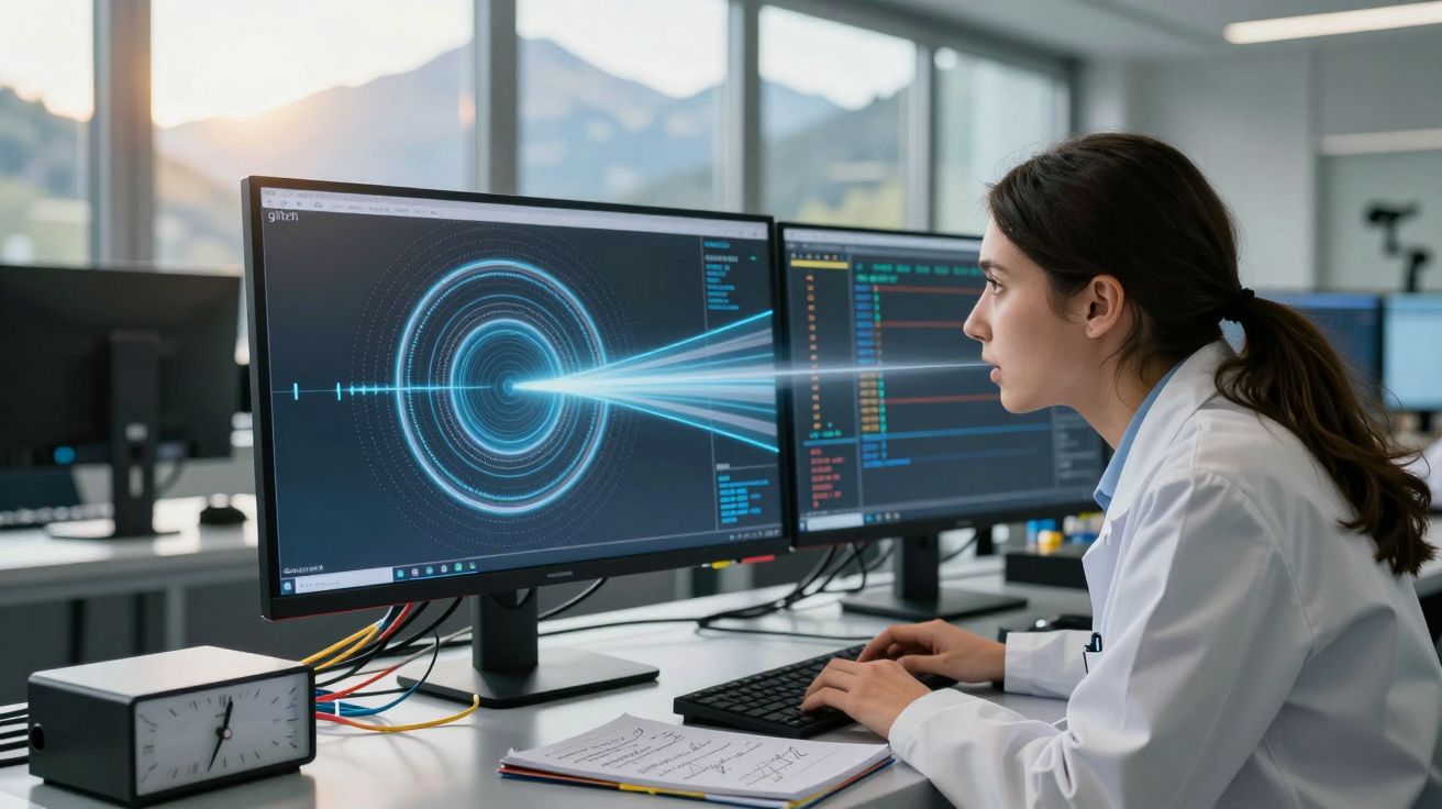 Mulher cientista a analisar gráficos digitais complexos em dois ecrãs num laboratório moderno.