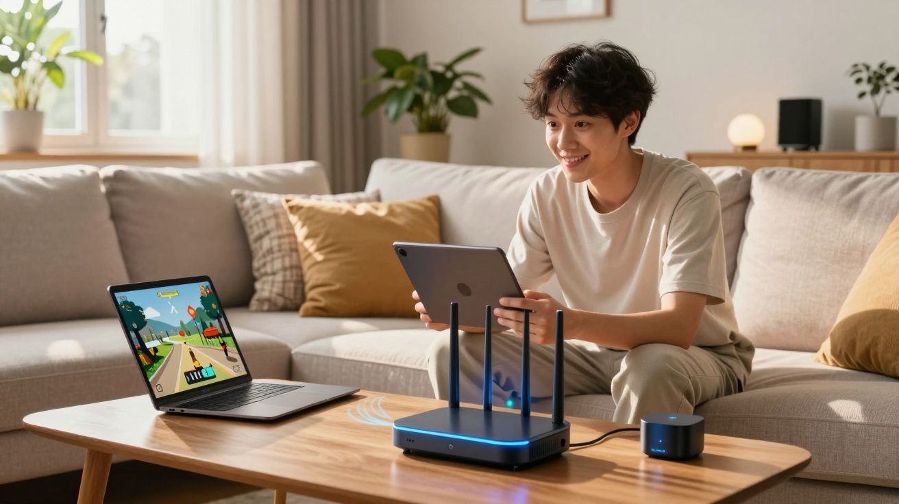 Jovem sentado no sofá a usar tablet e laptop com router Wi-Fi e assistente inteligente numa mesa de centro.
