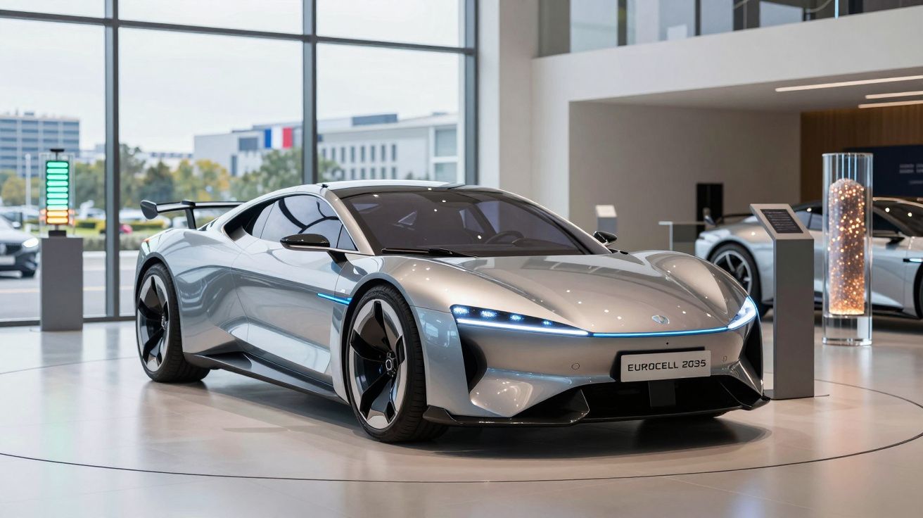 Carro desportivo elétrico prateado Eurocell 2035 em exposição numa sala moderna com grandes janelas.
