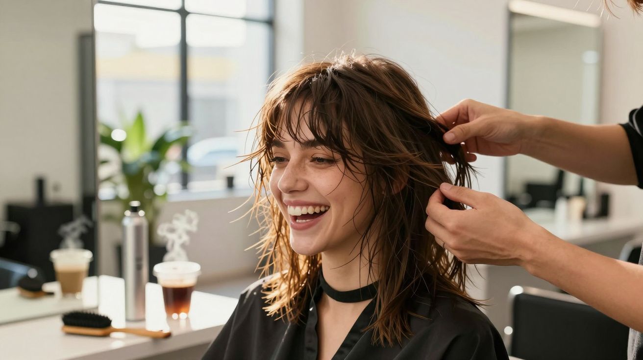 Mulher sorridente a receber tratamento de cabelo num salão de beleza moderno e iluminado.