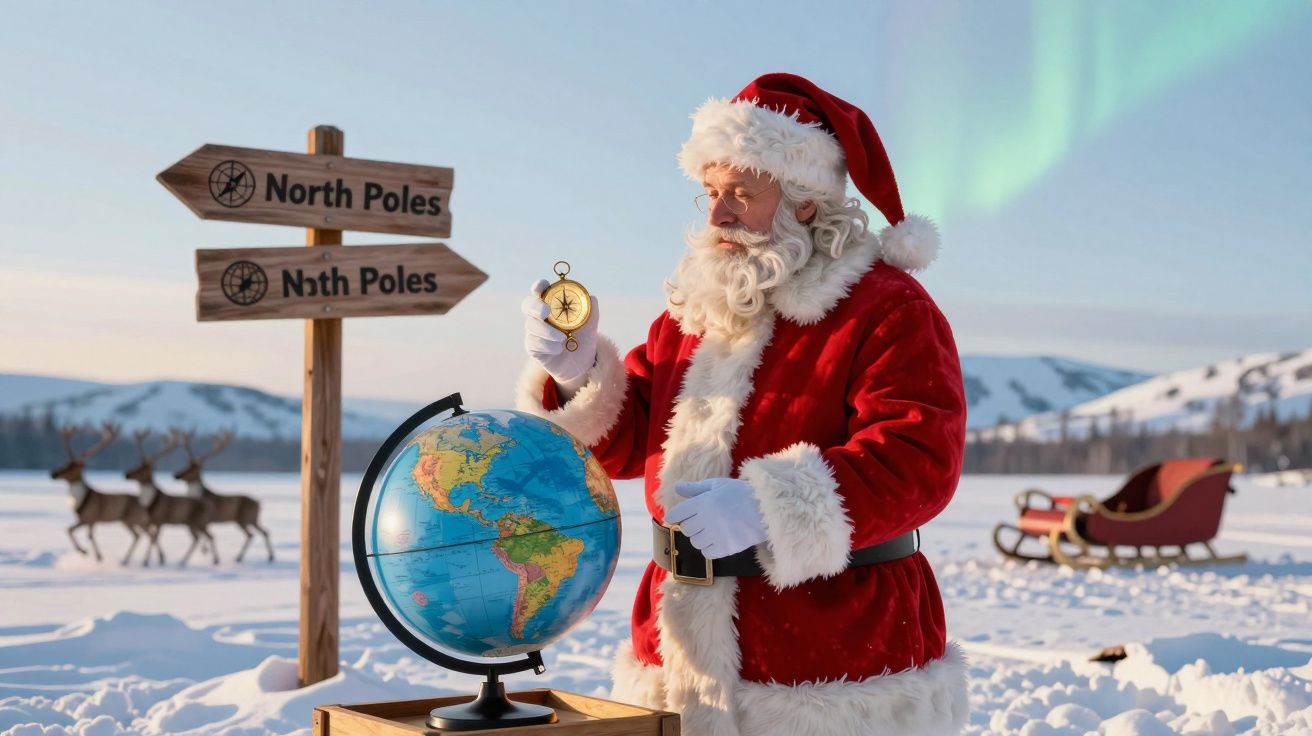 Papai Noel em roupa vermelha segura uma bússola junto a um globo terrestre na neve com rena e trenó ao fundo.