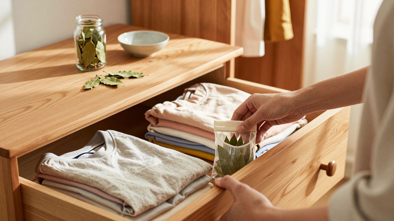 Mãos a colocar folhas secas perfumadas numa gaveta de madeira com camisolas dobradas, ambiente iluminado.
