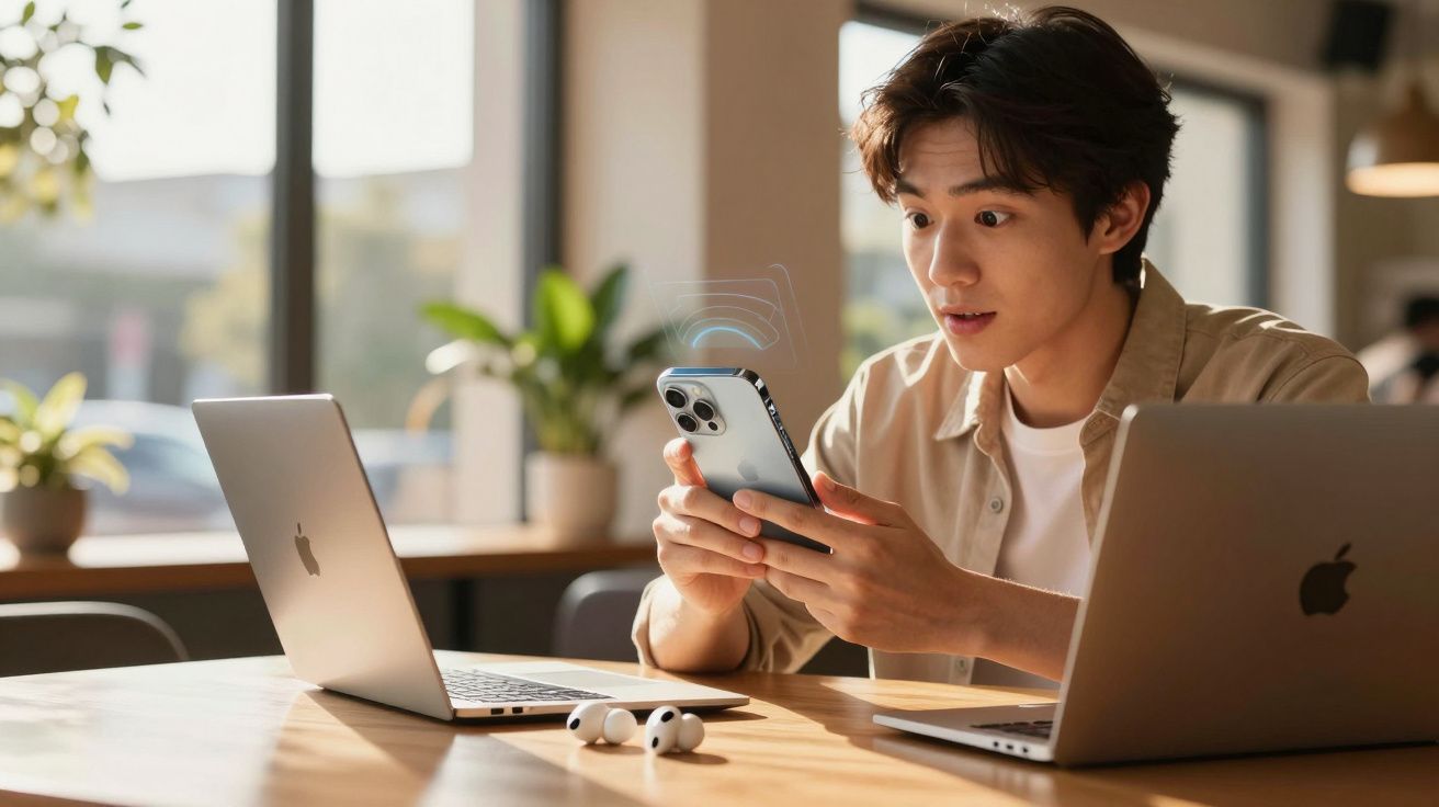 Jovem surpreendido a usar smartphone entre dois computadores portáteis numa mesa numa sala iluminada.