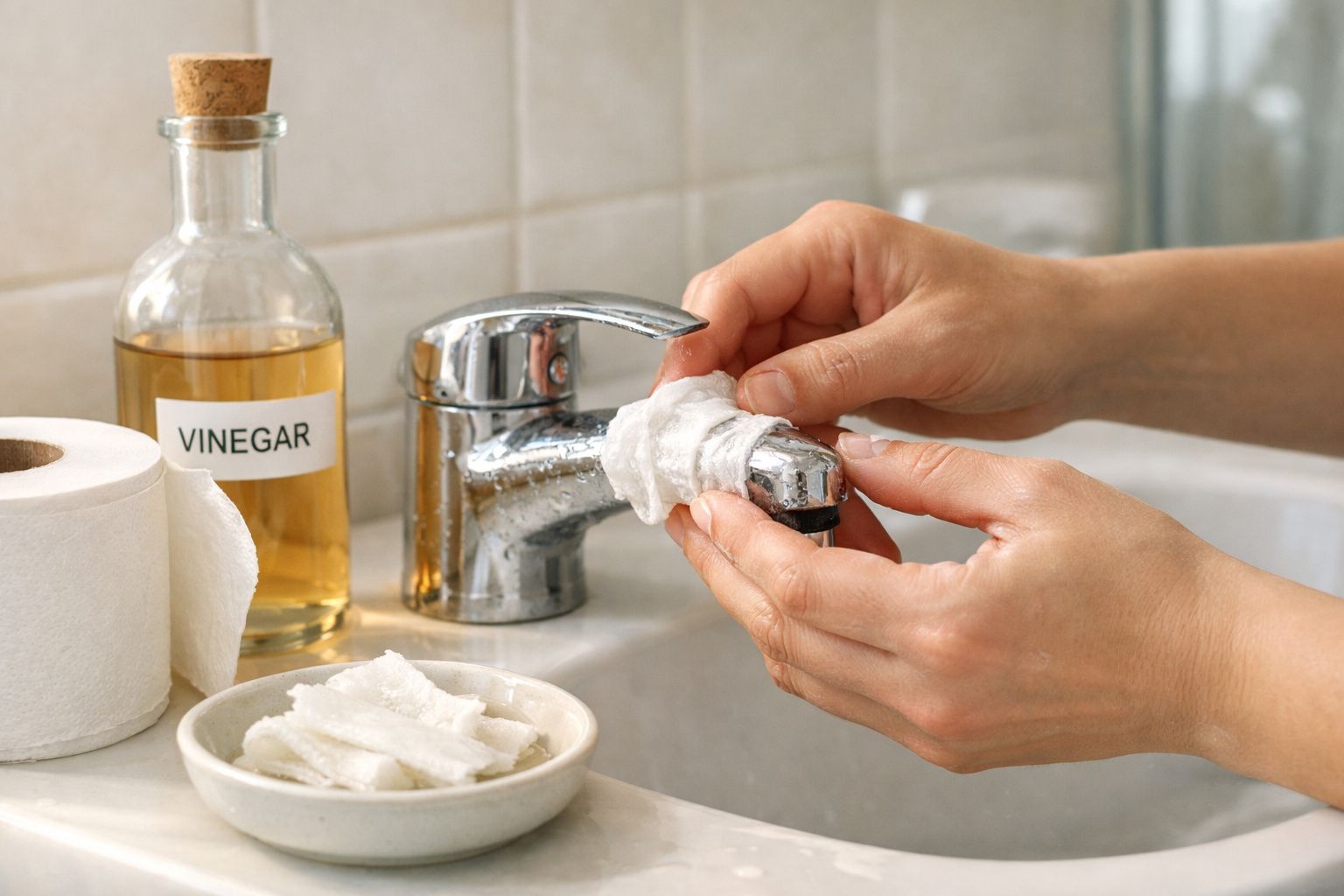 Mãos a limpar a torneira de uma casa de banho com pano branco e vinagre numa garrafa ao lado.