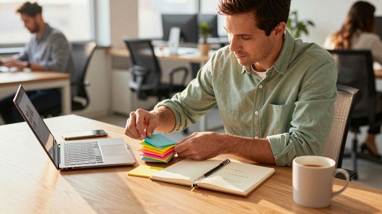 Homem sentado numa mesa de escritório a organizar notas adesivas coloridas com portátil, caderno e caneca à sua frente.