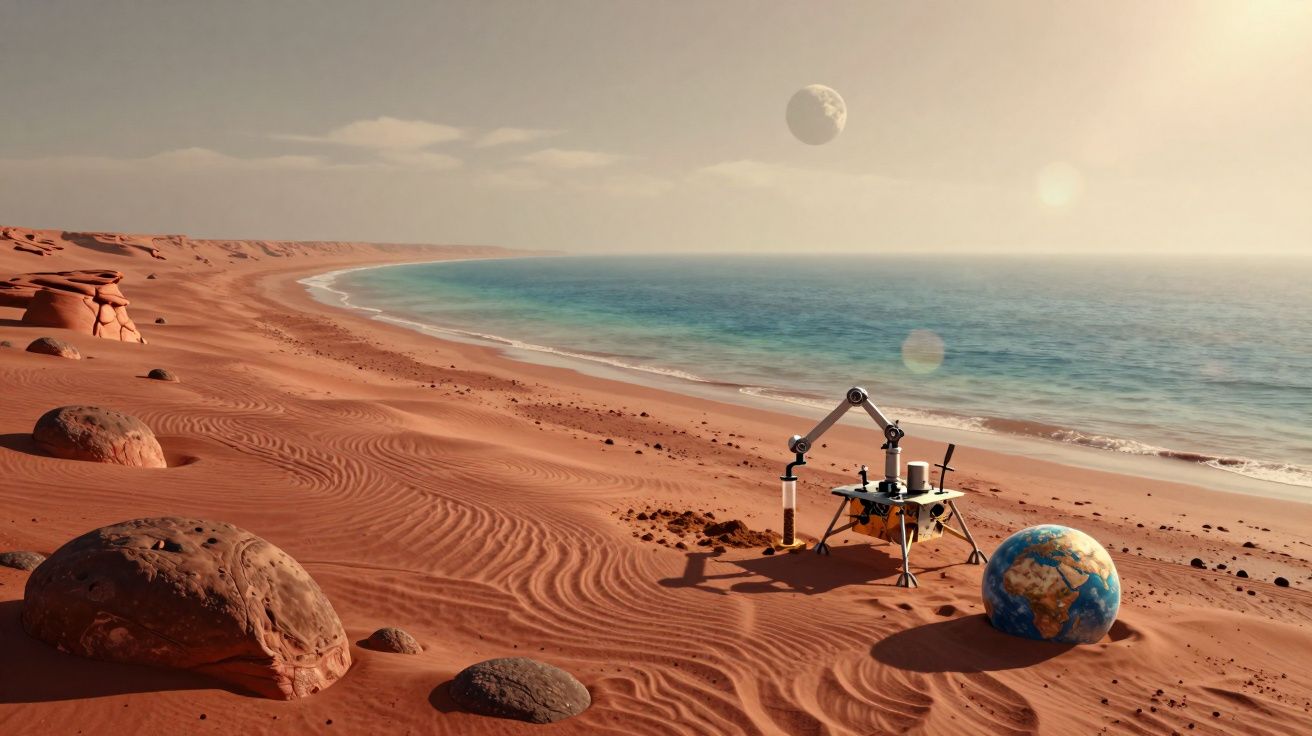 Praia deserta com areia vermelha, robô exploratório, globo terrestre e dois astros visíveis no céu.