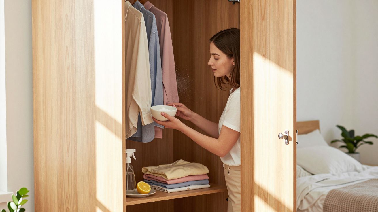 Mulher em t-shirt branca a colocar um objeto dentro de um armário de madeira com camisas penduradas.