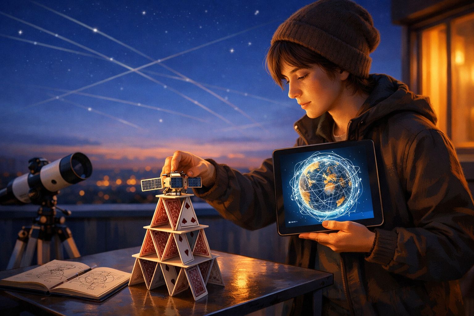 Rapaz constrói pirâmide de cartas com modelo de satélite e tablet com imagem de rede global à noite.