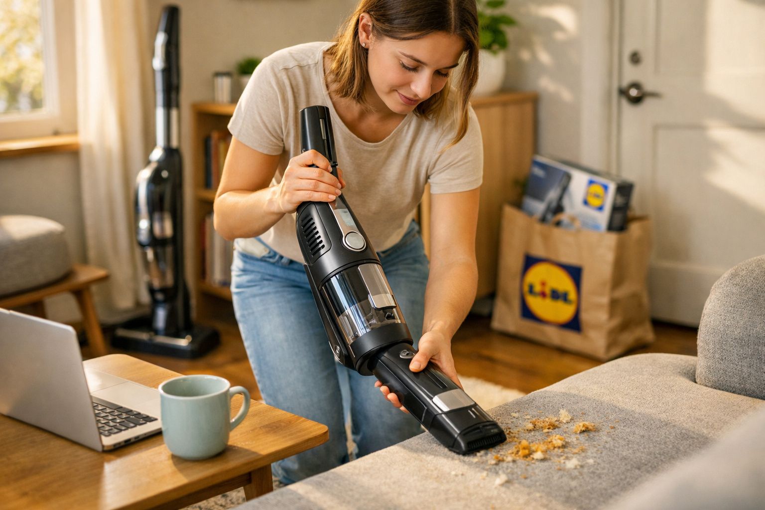 Mulher a aspirar migalhas no sofá com aspirador portátil numa sala iluminada e acolhedora.