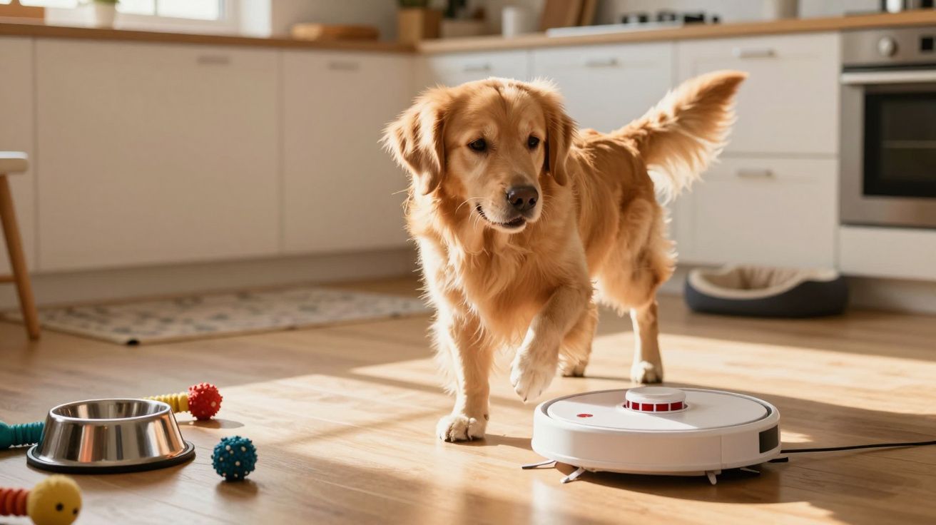 Cão Golden Retriever a olhar para um robot aspirador numa cozinha com brinquedos espalhados no chão.