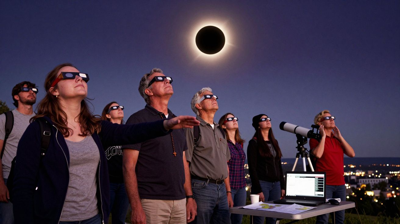 Grupo de pessoas com óculos de proteção a observar um eclipse solar num céu nocturno.