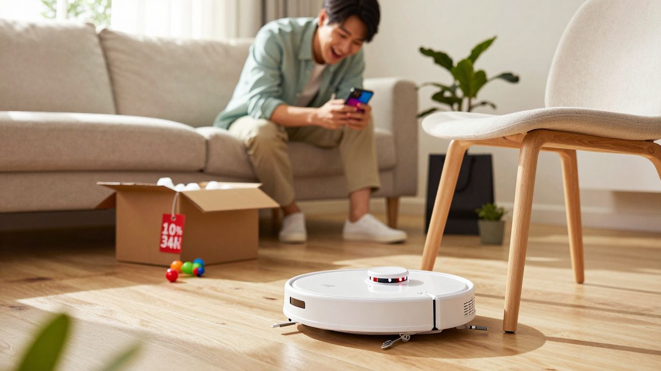 Homem sentado no sofá usando telemóvel enquanto robot aspirador limpa chão de madeira na sala.