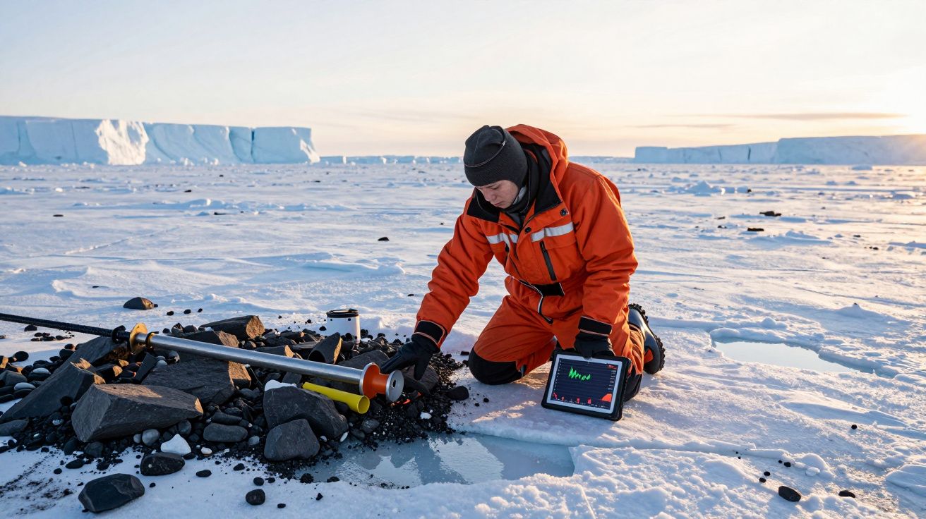 Cientista em roupa térmica analisa dados num tablet junto a equipamento de amostragem no gelo ártico.