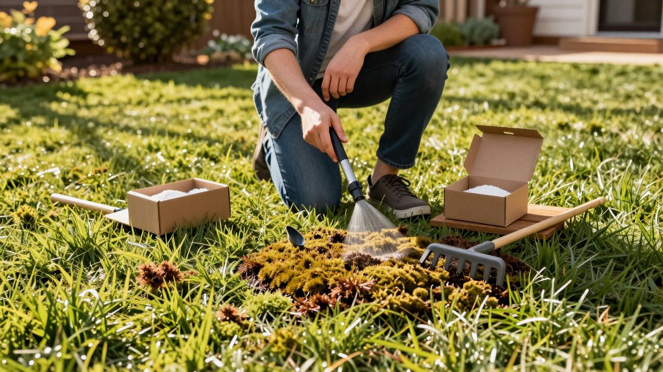 Pessoa a regar plantas secas num jardim com ferramentas de jardinagem e caixas de fertilizante ao lado.