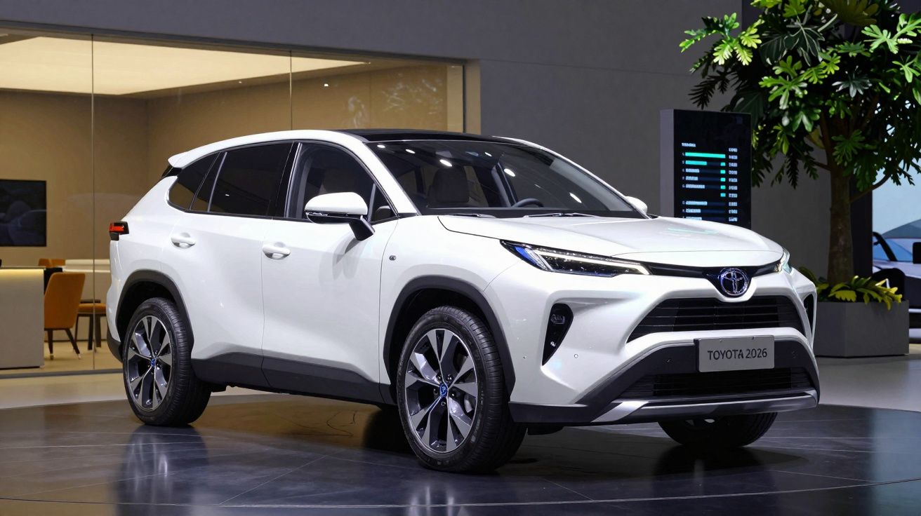 SUV branco Toyota 2026 estacionado em interior moderno com janelas e plantas verdes.
