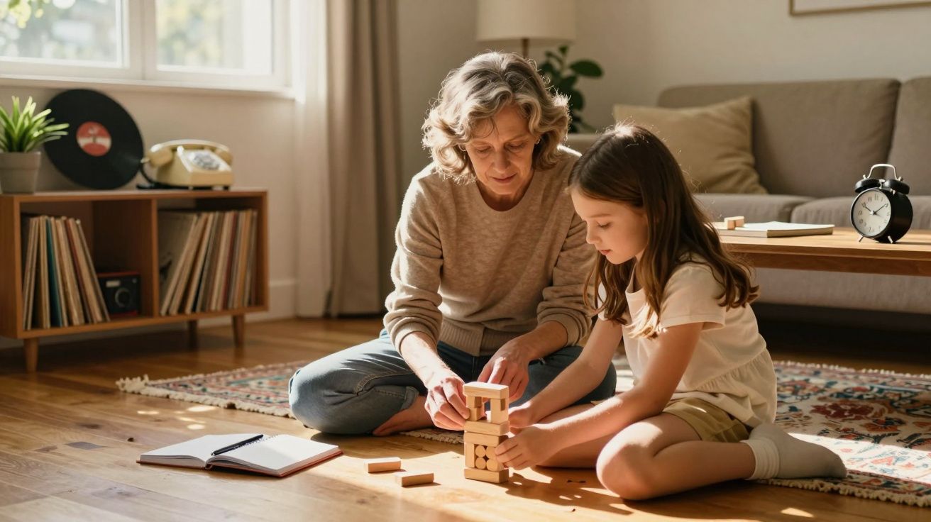Avó e neta sentadas no chão a construir uma torre com blocos de madeira numa sala iluminada.