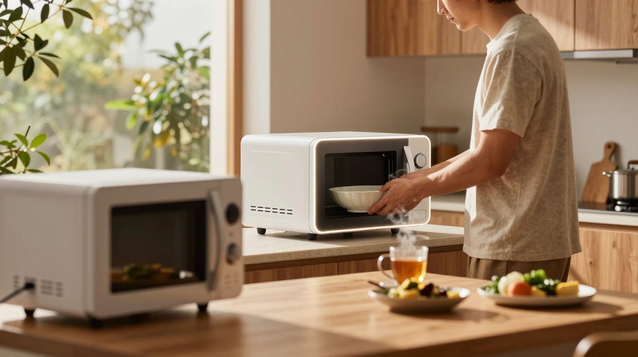 Pessoa a retirar prato quente de micro-ondas numa cozinha luminosa com pratos de comida e chá na mesa.