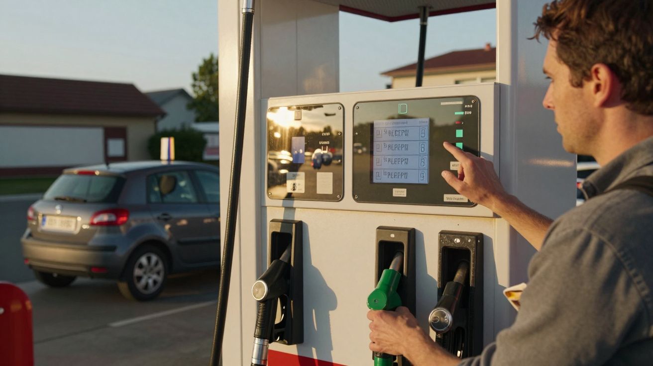 Homem a operar bomba de combustível numa estação de serviço com carro estacionado ao fundo.