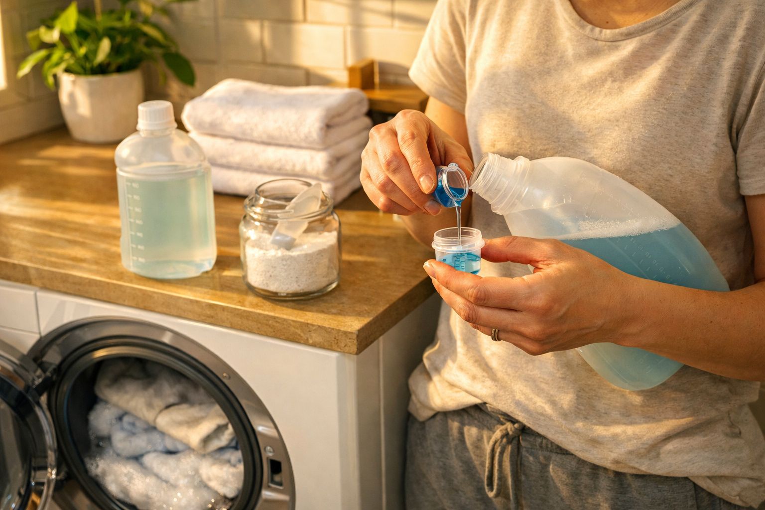 Pessoa a medir detergente líquido azul para a máquina de lavar roupa numa lavandaria doméstica.