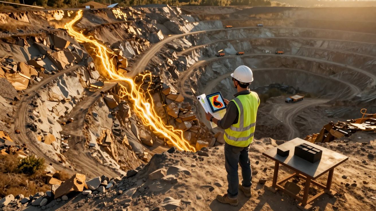 Engenheiro com colete e capacete analisa dados numa pedreira à luz do pôr do sol com efeitos digitais brilhantes.