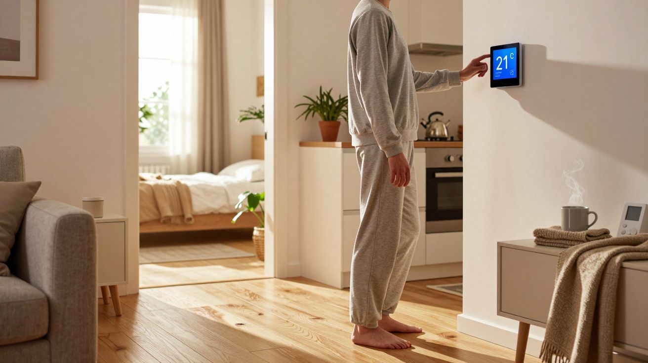 Pessoa em roupas confortáveis ajusta termostato digital a 21°C numa sala com luz natural.