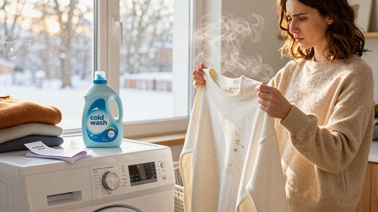 Mulher a analisar nódoa em camisola branca com ferro de engomar e detergente junto à máquina de lavar roupa.