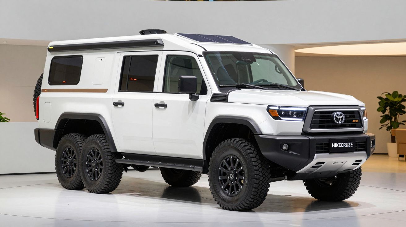 Veículo todo-o-terreno branco com seis rodas, design robusto e painel solar no tejadilho, em exposição interior.