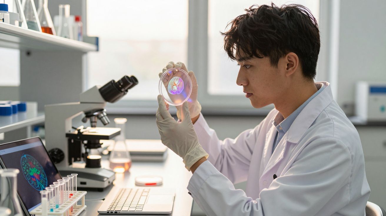 Cientista em laboratório a analisar cultura celular numa placa de Petri com equipamento de investigação ao fundo.