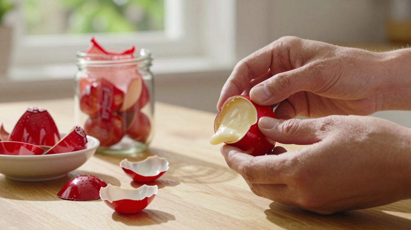 Mãos a abrir um ovo de chocolate pequeno com recheio cremoso branco, sobre mesa de madeira clara.