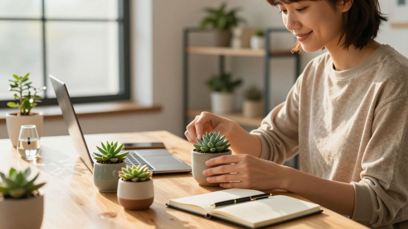 Mulher sentada a trabalhar num escritório com plantas suculentas, computador portátil e caderno aberto.