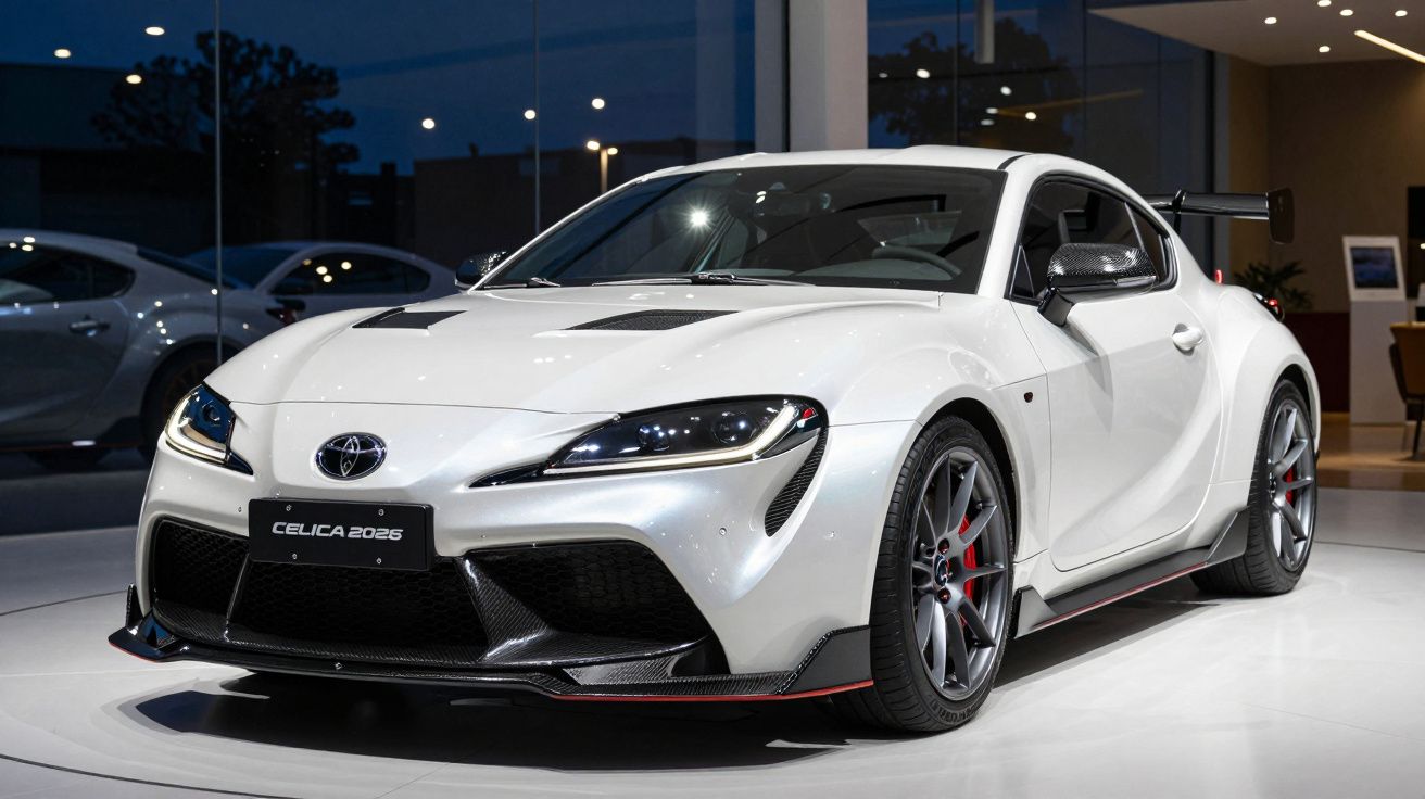 Carro desportivo branco Toyota GR Supra 2025 em exposição num showroom moderno durante a noite.