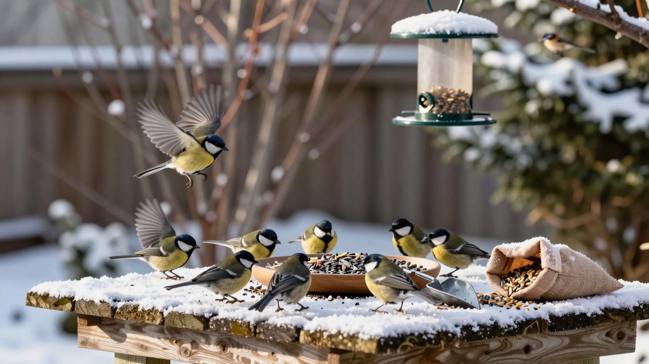 Vários tentilhões alimentam-se em mesa com sementes, coberta de neve, com comedouro pendurado ao fundo.