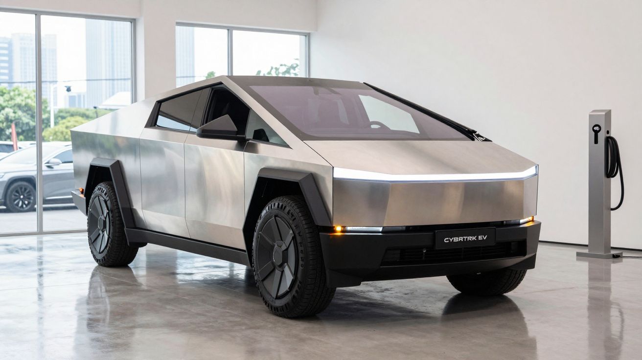 Veículo elétrico Tesla Cybertruck prateado estacionado em sala moderna com carregador elétrico ao lado.