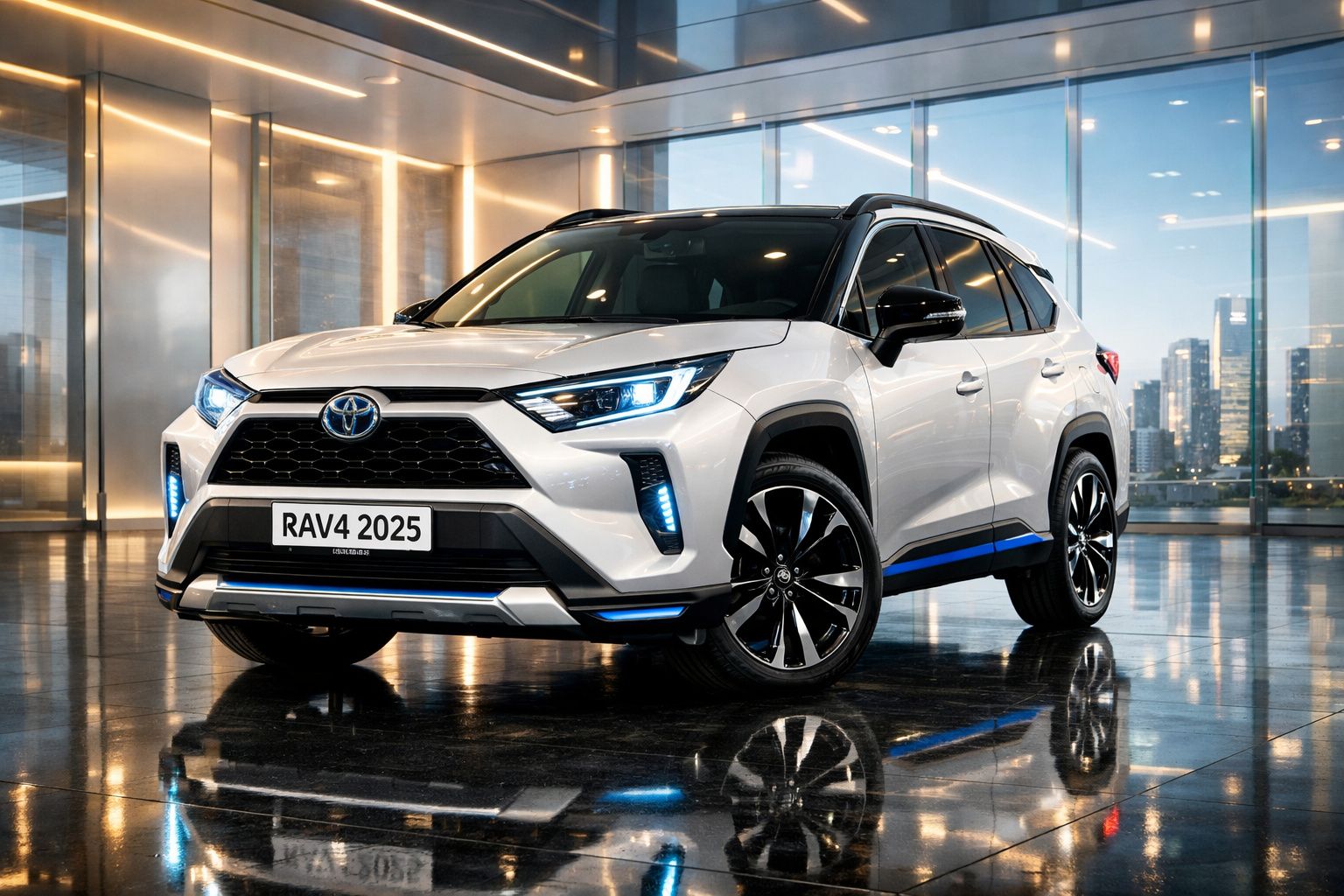 Toyota RAV4 2025 branco com detalhes em azul, em ambiente moderno com paredes de vidro.
